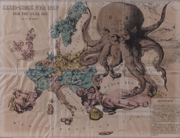 ROSE, Frederick William (1849-1915). Serio-Comic War Map for the Year 1877, London, G. W. Bacon, [1877], coloured lithographed anthropomorphic political map (lightly browned), 424 x 560mm., framed and glazed. FIRST EDITION, second state. RARE.