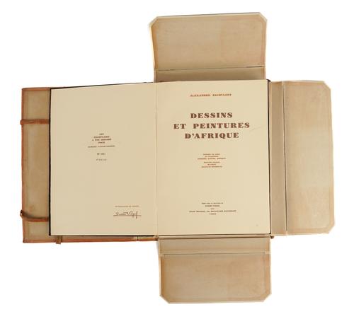 JACOVLEFF, Alexandre (1887-1938). Dessins et Peintures, Paris, 1927, 4to, 50 coloured plates by Jacovleff, unbound as issued in original portfolios, booklet. NUMBER 104 of 750 COPIES, THIS COPY "POUR SIMONE VINDEVOGHEL."