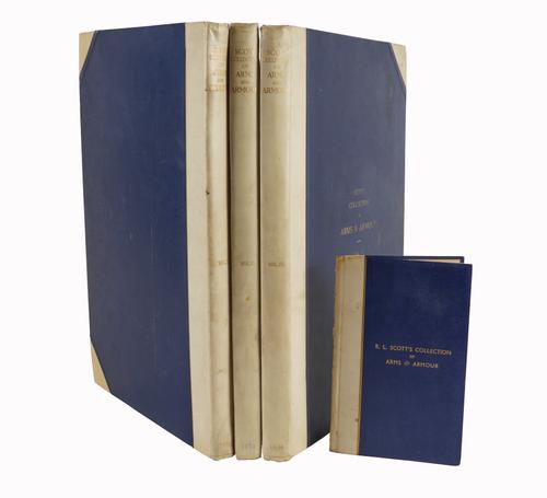JOUBERT, Felix (1872-1953). Catalogue of the Collection of European Arms & Armour Formed at Greenock by R. L. Scott, Glasgow, 1934, 3 volumes, folio, 107 photogravure plates, original vellum gilt. NO. 3 OF 100 COPIES SIGNED BY SCOTT. With another. (4)