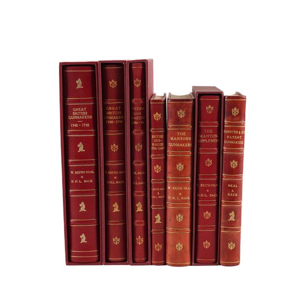 NEAL, W. K. (1906-90) & D. H. L. BACK. Great British Gunmakers 1540-1740, Norwich, 1984, 4to, illustrations, FINELY BOUND in morocco. ONE OF 750 COPIES. With 6 books by the same authors, including 2 PRESENTATION COPIES, all FINELY BOUND in morocco. (7)