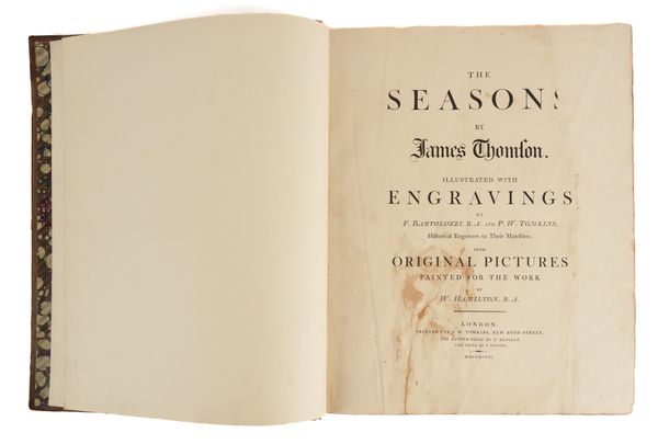 THOMSON, James (1700-48). The Seasons, London, 1797, folio, 10 fine illustrations engraved by F. Bartolozzi and P. W Tomkins after W. Hamilton (lacks the frontispiece, some leaves browned), contemporary calf gilt. With 2 other books. (3)