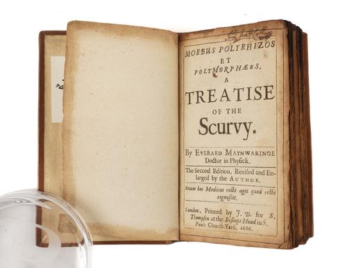 MAYNWARINGE, Everard (c.1628-99). Morbus polyrhizos et polymorphæs. A Treatise of the Scurvy ... The Second Edition, Revised and Enlarged, London, 1666, 8vo, modern old-style calf. Provenance: From the Collection of John Yudkin (bookplate). Wing M1501.