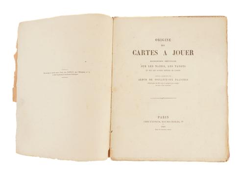 MERLIN, Romain (1793-1876). Origine des Cartes a Jouer. Recherches Nouvelles sur les Naïbis, les Tarots et sur les Autres Espèces de Cartes, Paris, 1869, 4to, 73 plates, a few printed in colours, original wrappers (detached, very worn). FIRST EDITION.