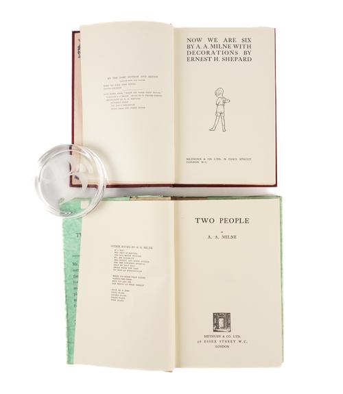 MILNE, A. A. (1882-1956). Now We Are Six, London, 1927, 8vo, illustrations by E. H. Shepard, original buckram (without the jacket). A FINE COPY OF THE FIRST EDITION. With A. A. Milne's Two People (London, 1931, 8vo, buckram, jacket, FIRST EDITION). (2)