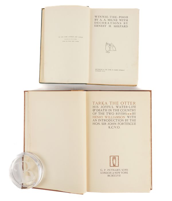 MILNE, A. A. (1882-1956). Winnie-the-Pooh, London, 1926, 8vo, illustrations by E. H. Shepard, original cloth (without the dust-jacket). FIRST EDITION. With Henry Williamson's Tarka the Otter (London, 1927, 8vo, original cloth, FIRST TRADE EDITION). (2)