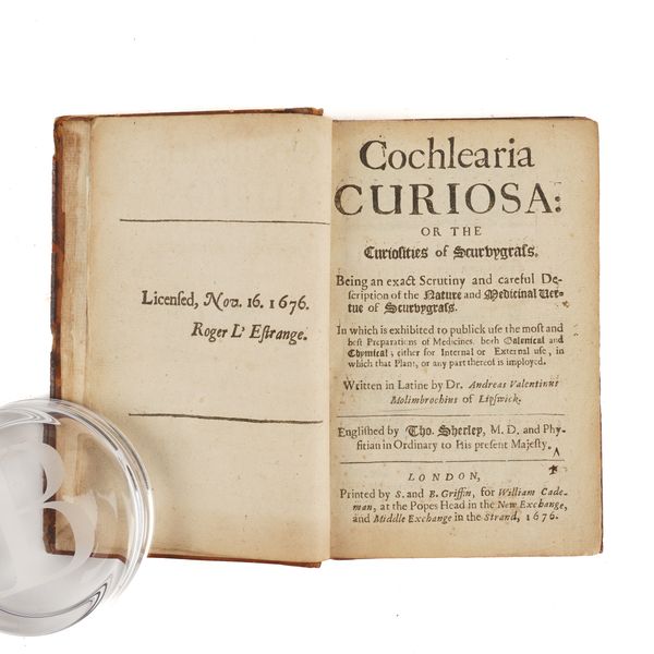 MOELLENBROCK, Valentin Andreas (d.1675). Cochlearia curiosa: or the Curiosities of Scurvygrass, London, 1676, 8vo, 4 folding plates, contemporary calf. Provenance: From the Collection of John Yudkin (bookplate). The only English edition. Wing M2381. RARE.