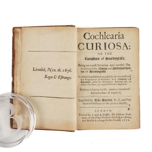 MOELLENBROCK, Valentin Andreas (d.1675). Cochlearia curiosa: or the Curiosities of Scurvygrass, London, 1676, 8vo, 4 folding plates, contemporary calf. Provenance: From the Collection of John Yudkin (bookplate). The only English edition. Wing M2381. RARE.