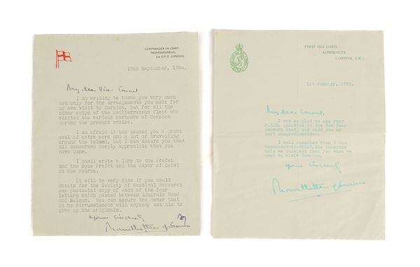 MOUNTBATTEN, Louis (1900-79). A one-page typed letter, with greeting and signature in autograph, to Vice-Consul W. H. A. Snook, relating to a visit to Corsic; with another letter by Mountbatten; and 3 by other correspondents, addressed to Snook. (5)