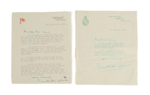 MOUNTBATTEN, Louis (1900-79). A one-page typed letter, with greeting and signature in autograph, to Vice-Consul W. H. A. Snook, relating to a visit to Corsic; with another letter by Mountbatten; and 3 by other correspondents, addressed to Snook. (5)