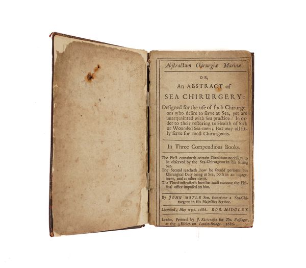 MOYLE, John (d.1714). Abstractum chirurgiæ marinæ. Or, An Abstract of Sea Chirurgery, London, 1686, 12mo, contemporary calf (copious old annotation). Provenance: From the Collection of John Yudkin (bookplate). FIRST EDITION. Wing M3028. RARE.