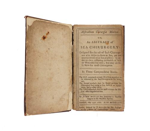 MOYLE, John (d.1714). Abstractum chirurgiæ marinæ. Or, An Abstract of Sea Chirurgery, London, 1686, 12mo, contemporary calf (copious old annotation). Provenance: From the Collection of John Yudkin (bookplate). FIRST EDITION. Wing M3028. RARE.