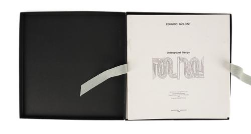 PAOLOZZI, Eduardo (1924-2005, artist). Underground Design, London, 1986, 4to, 18 "thermographic" plates, ORIGINAL COLOURED LITHOGRAPH BY PAOLOZZI SIGNED BY THE ARTIST IN PENCIL, original black cloth box. FIRST EDITION.