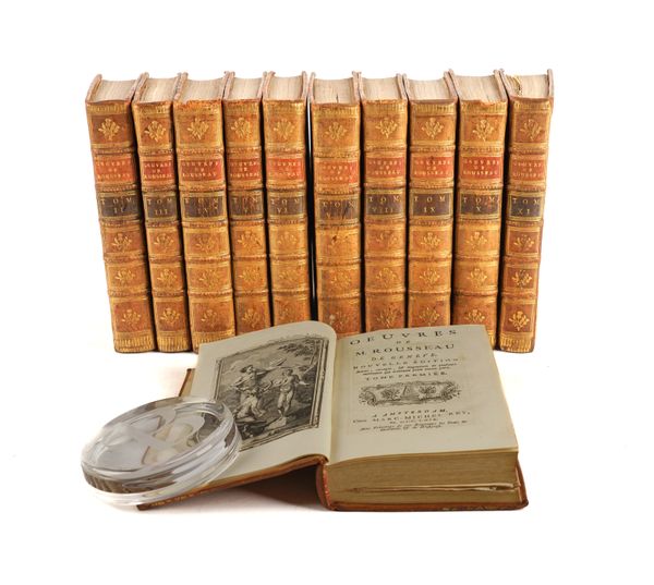 ROUSSEAU, Jean-Jacques (1712-78). Oeuvres, Amsterdam, 1769, 11 volumes, 12mo, 5 engraved frontispieces and 36 plates, contemporary calf gilt. With John Tillotson's The Works (Edinburgh, 1748, 9 vols. only (of 10, lacking vol. 4), 12mo, calf. (20)