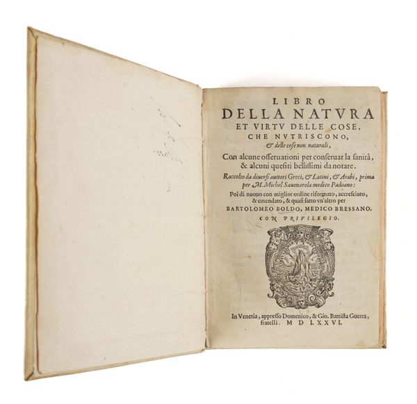 SAVONAROLA, Michele (c.1384-1466). Libro della natura et virtu delle cose, che nutriscono & delle cose non naturali, Venice, 1576, 4to, vellum. Provenance: From the Collection of John Yudkin (bookplate). Second edition of this important work on nutrition.