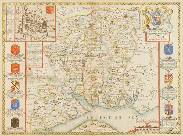 SPEED, John (1552-1629). Hantshire described and devided, London: [c.1676], hand-coloured engraved map of Hampshire, inset bird's-eye-view of Winchester, coats-of-arms, 375 x 505mm., framed and glazed. A FINE COPY.