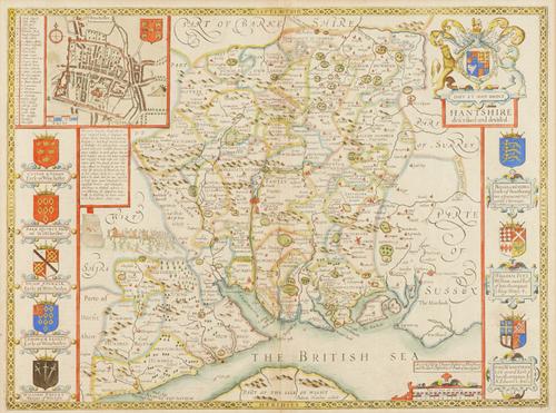 SPEED, John (1552-1629). Hantshire described and devided, London: [c.1676], hand-coloured engraved map of Hampshire, inset bird's-eye-view of Winchester, coats-of-arms, 375 x 505mm., framed and glazed. A FINE COPY.