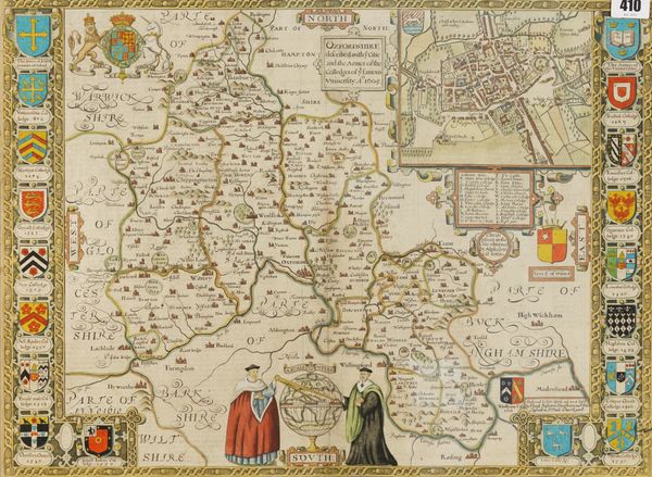 SPEED, John (1552-1629). Oxfordshire described, [London, 1676], hand-coloured engraved map, inset bird's-eye-view of Oxford, 18 college coats-of-arms in the borders (some light staining at the centrefold), 385 x 525mm., framed and glazed. A FINE COPY.