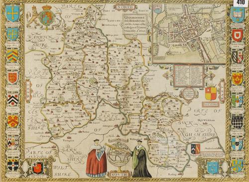 SPEED, John (1552-1629). Oxfordshire described, [London, 1676], hand-coloured engraved map, inset bird's-eye-view of Oxford, 18 college coats-of-arms in the borders (some light staining at the centrefold), 385 x 525mm., framed and glazed. A FINE COPY.