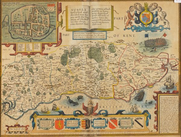 SPEED, John (1552-1629). Sussex described, [London], George Humble, [c.1627], hand-coloured engraved map of Sussex, inset bird's-eye-view of Chichester (browned, trimmed close to engraved frame, repairs at centrefold), 390 x 510mm., framed and glazed.