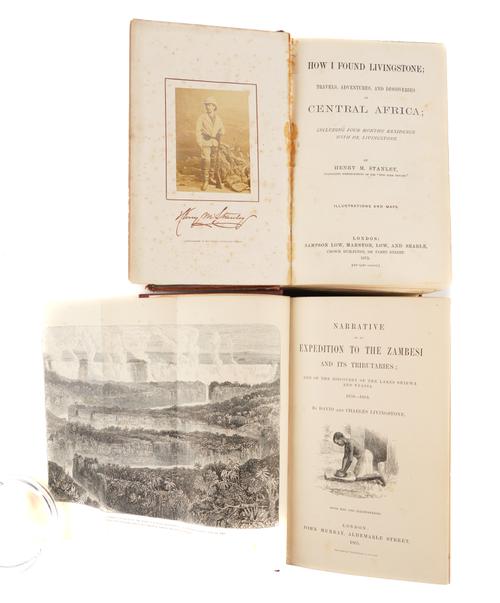 STANLEY, H. M. (1841-1904). How I Found Livingstone, London, 1872, large 8vo, portrait frontispiece, 4 maps, 28 plates, cloth. FIRST EDITION. With D. & C. Livingstone's Narrative of an Expedition to the Zambesi (London, 1865, lacks map, cloth). (2)