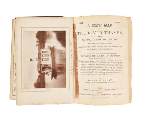 TAUNT, H. W. (1842-1922). A New Map [in book form] of the River Thames, Oxford, [c.1884], 8vo, Woodburytype frontispiece, folding table, 33 double-page maps incorporating 97 Woodburytype views, advertisements, original pictorial roan gilt. Fifth edition.