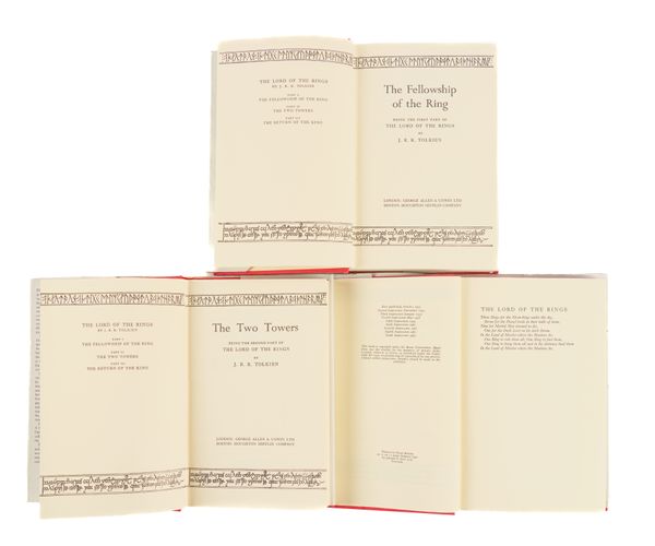 TOLKIEN, J. R. R. (1892-1973). The Lord of the Rings, London, 1962-63, 3 volumes, 8vo, maps, 3 folding, original red cloth, dust-jackets, card slipcase. FIRST EDITIONS, the thirteenth, tenth and ninth impressions respectively. (3)