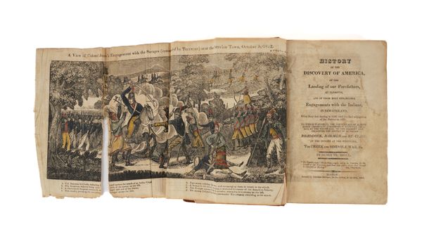 TRUMBULL, Henry (1781-1843). History of the Discovery of America, of the Landings of our Forefathers, at Plymouth, and of their Most Remarkable Engagements with the Indians, Boston, 1819, 8vo, folding hand-coloured woodcut frontispiece, 2 plates, calf.
