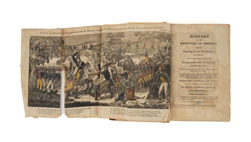 TRUMBULL, Henry (1781-1843). History of the Discovery of America, of the Landings of our Forefathers, at Plymouth, and of their Most Remarkable Engagements with the Indians, Boston, 1819, 8vo, folding hand-coloured woodcut frontispiece, 2 plates, calf.