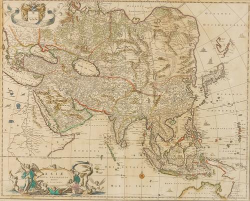 VISSCHER, Nicolaes (1618-79). Asiæ nova delineatio, [Amsterdam: c.1670], hand-coloured engraved map, 435 x 535mm., framed and glazed. With 7 other miscellaneous maps, all framed and glazed. (8)