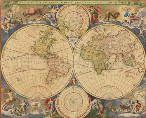VISSCHER, Nicolaes (1618-79). Novissima totius terrarum orbis tabula, [Amsterdam, c.1695], hand-coloured twin-hemisphere world map, with California as an island, Australia and Tasmania with partial outlines, 425 x 525mm., framed and glazed. A FINE COPY.