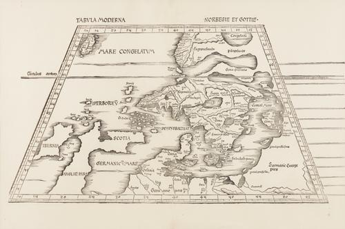 [WALDSEEMULLER, Martin (c.1470-1520)]. Tabula Moderna. Norbegie et Gottie, [Strasbourg, 1520], woodcut map of Scandinavia, 320 x 580mm., framed and glazed. AN EXCEPTIONALLY FINE, BRIGHT COPY. Ginsberg 5.