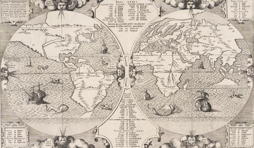 ARIAS MONTANUS, Benedictus (1527-98). Sacra geographiae tabulam, Antwerp: [Plantin], 1571 [but 1572], engraved twin-hemisphere world map, galleons and sea-monsters, 315 x 530mm. AN EXCEPTIONALLY FINE COPY OF THE VERY RARE FIRST STATE. Shirley 125. RARE.