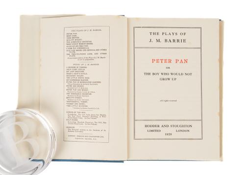 BARRIE, J. M. (1860-1937). Peter Pan or The Boy Who Would Not Grow Up [in: The Uniform Edition of the Plays of J. M. Barrie]. London, 1928, 8vo, original cloth, dust-jacket. FIRST EDITION of Barrie's play. With 2 other volumes from the same set. (3)