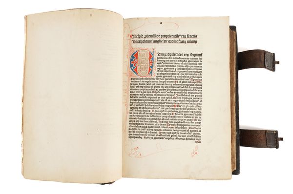 BARTHOLOMAEUS ANGLICUS (c.1203-72). De proprietatibus rerum, Cologne, 1481, folio, 456 leaves, contemporary pen flourishes in red and grey ink to initials on two pages incorporating drawings of hares, old calf. Provenance: John Yudkin (bookplate). RARE.