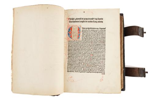 BARTHOLOMAEUS ANGLICUS (c.1203-72). De proprietatibus rerum, Cologne, 1481, folio, 456 leaves, contemporary pen flourishes in red and grey ink to initials on two pages incorporating drawings of hares, old calf. Provenance: John Yudkin (bookplate). RARE.