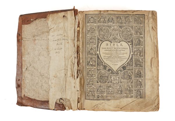 BIBLE, in English - The Bible, London, 1599 [but later], [with:] Psalms of David, in Scots Meter, Edinburgh, 1632. 3 parts in one vol., square 8vo, titles with woodcut borders, contemporary calf (rubbed). Geneva Bible, with "breeches" reading in Genesis.