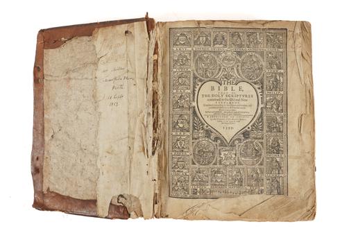 BIBLE, in English - The Bible, London, 1599 [but later], [with:] Psalms of David, in Scots Meter, Edinburgh, 1632. 3 parts in one vol., square 8vo, titles with woodcut borders, contemporary calf (rubbed). Geneva Bible, with "breeches" reading in Genesis.