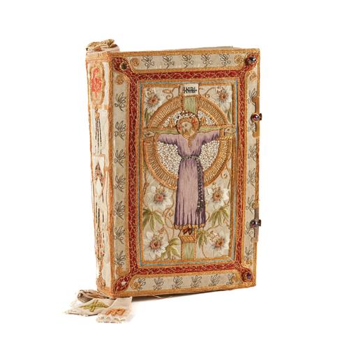 BINDING - The Book of Common Prayer, London, 1864, large 8vo, interleaved with 27 FINE FULL-PAGE ORIGINAL ILLUSTRATIONS ON VELLUM, IN A FINE HIGHLY ELABORATE 19TH-CENTURY EMBROIDERED BINDING.
