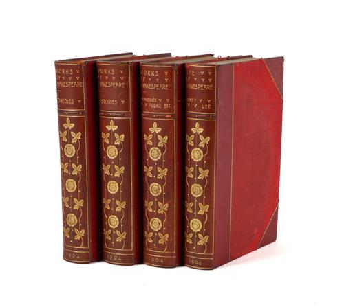 BINDING - William SHAKESPEARE (1564-1616). Complete Works and Life, London, 1904, 4 volumes, large 8vo, plates, attractively bound in contemporary burgundy half calf gilt (covers stained, spines lightly rubbed). "The Hampstead Edition." (4)