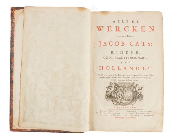 CATS, Jacob (1577-1660). Alle de Wercken, Amsterdam, 1712, 2 volumes bound in one, folio, additional engraved allegorical title, engraved plates and c. 400 emblematic illustrations, contemporary calf gilt.