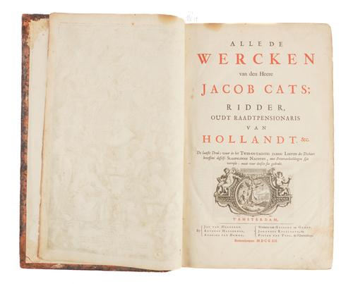 CATS, Jacob (1577-1660). Alle de Wercken, Amsterdam, 1712, 2 volumes bound in one, folio, additional engraved allegorical title, engraved plates and c. 400 emblematic illustrations, contemporary calf gilt.