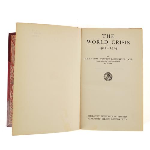 CHURCHILL, Winston Spencer (1874-1965). The World Crisis 1911-[1918], London, April 1923 - March 1929, volumes I - IV only, bound in 5 (of 6), plates and maps, attractively bound in contemporary red half morocco gilt. FIRST EDITION. Woods A31(a). (5)