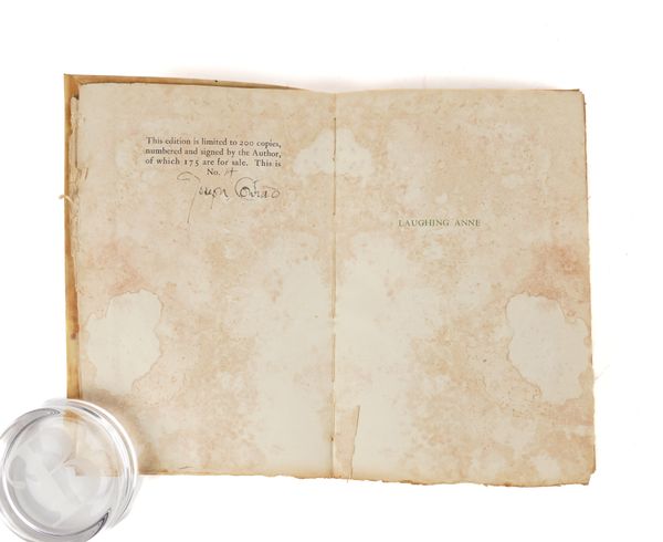 CONRAD, Joseph (1857-1924). Laughing Anne, London, 1923, large 8vo (dampstained), vellum. FIRST EDITION. NO. 4 OF 200 COPIES SIGNED BY THE AUTHOR, PRESENTATION COPY, inscribed, "To L. H. who prepared this edition for the press, her friend, J. C., 1923.""