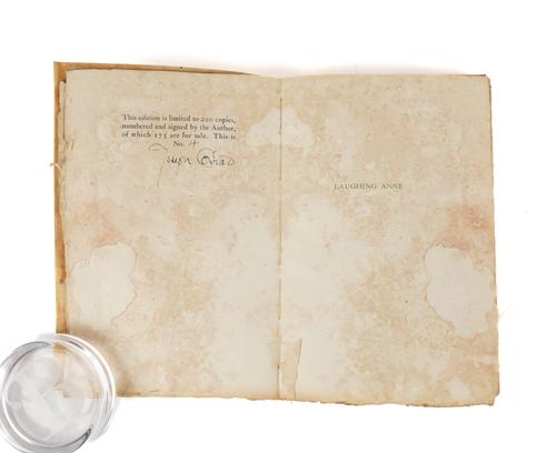 CONRAD, Joseph (1857-1924). Laughing Anne, London, 1923, large 8vo (dampstained), vellum. FIRST EDITION. NO. 4 OF 200 COPIES SIGNED BY THE AUTHOR, PRESENTATION COPY, inscribed, "To L. H. who prepared this edition for the press, her friend, J. C., 1923.""
