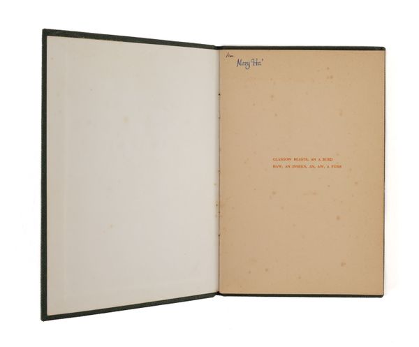 FINLAY, Ian Hamilton (1925-2006). Glasgow Beasts, an a Burd ... Haw, an Inseks, An, Aw, a Fush, [Edinburgh], The Wild Flounder Press, 1962, 8vo, later cloth. Second edition. With an original autograph "concrete poem" on card, [?]signed by Finlay. (2)