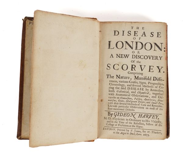 HARVEY, Gideon (c.1640-c.1700). The Disease of London: or a New Discovery of the Scorvey, London, 1675, 8vo, ornaments, contemporary calf. Provenance: From the Collection of John Yudkin (bookplate). FIRST EDITION. Wing H1063. RARE.