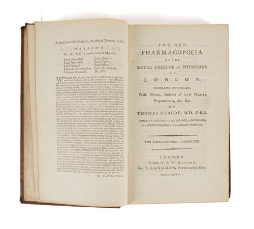 HEALDE, Thomas ([?]1724-89). The New Pharmacopoeia of the Royal College of Physicians of London. Translated into English, With Notes, Indexes of New Names, Preparations, &c. &c. ... The Third Edition, Corrected, London, 1788, 8vo, contemporary calf.