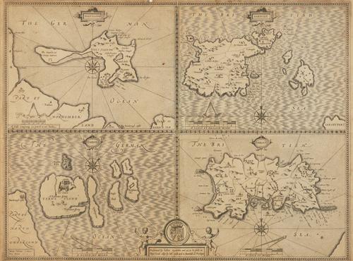 MAPS - John SPEED (1552-1629). Holy Iland ... Garnsey ... Farne ... Jarsey, [London], 1610 [but 1611 or later], engraved map, 380 x 510mm., framed and glazed. With 15 other engraved maps and charts, framed and glazed. (16)