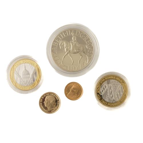TWO GOLD COINS AND FOUR FURTHER ITEMS (6)
