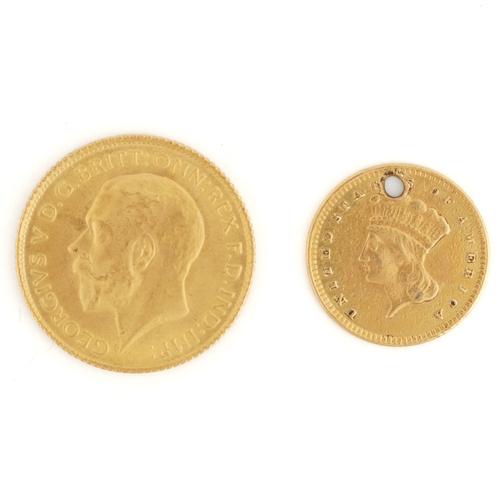 A JEWELLER'S COPY OF A HALF SOVEREIGN AND A U.S.A. GOLD DOLLAR PIERCED WITH A HOLE (2)